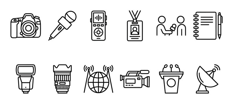 Set of black line art icons for journalism and media, illustrating equipment for reporting like a camera, microphone, press pass, and video recorder
