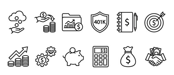 Financial and business line art icon set representing concepts of saving money, investment growth, retirement planning, budgeting, and achieving monetary goals