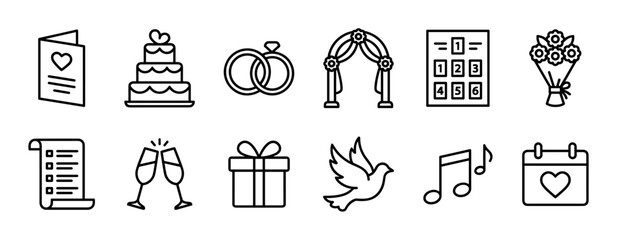 Wedding ceremony and celebration line icon set featuring a cake, rings, invitation, arch, gift, and dove for marriage and romantic event planning in a minimalist outline style