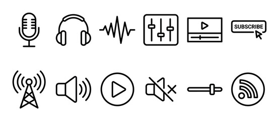 Set of black line icons for podcasting and audio production, including a microphone, headphones, soundwave, mixer, and play button for web and app user interface design