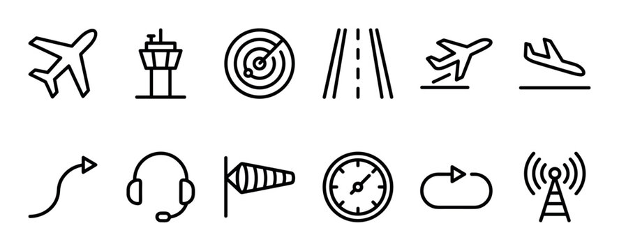 Aviation and airport themed line icon set with airplane, control tower, radar, and runway symbols for air travel and navigation in a minimalist black outline style