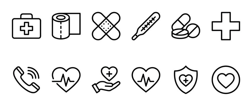 Collection of twelve minimalist medical icons in a simple black outline style, featuring a first aid kit, bandage, thermometer, pills, heart, and emergency call symbol
