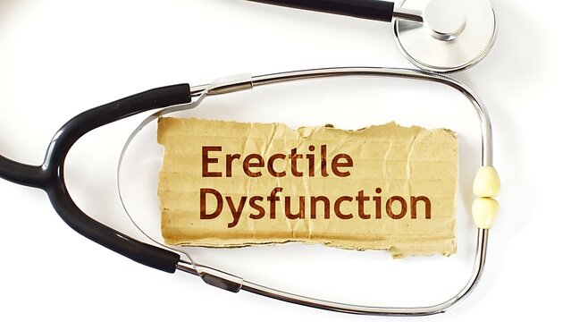 Medical stethoscope over torn brown paper with text 'Erectile Dysfunction' on white background, conceptual for health and wellness issues