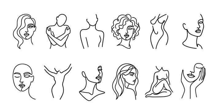 Collection of continuous one line art drawings of female faces, portraits, and body silhouettes in a modern, abstract, and sensual style for beauty and fashion concepts