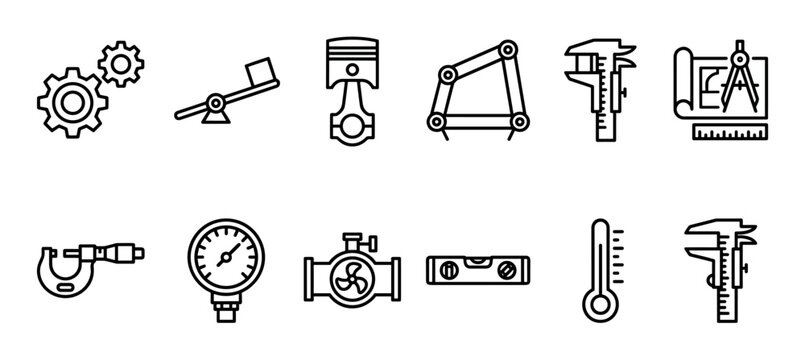 Set of engineering and mechanical icons including gears, a piston, caliper, gauge, blueprint, and level, presented in a clean black and white line art vector illustration style