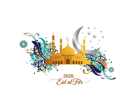 Eid al-Fitr 2026 Golden Mosque Crescent Moon Islamic Design Isolated on Transparent Background  - Powered by Adobe