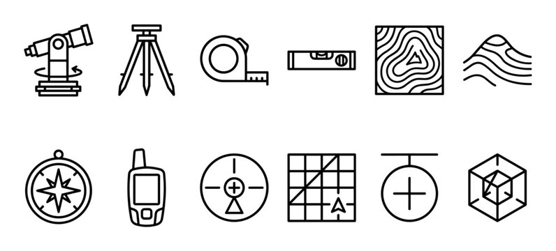 Set of geodetic survey line icons for cartography and land measurement, including a theodolite, tripod, compass, GPS, and topographic map symbols in a minimalist style