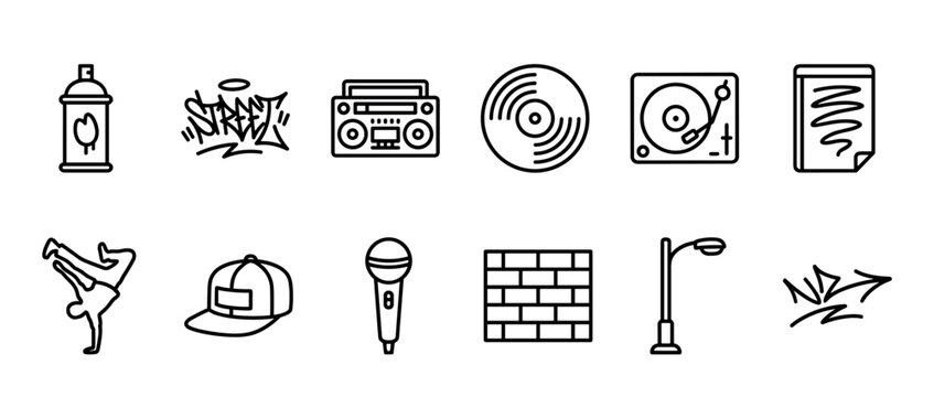Set of black line icons representing hip hop culture including a spray can, graffiti tag, boombox, turntable, and breakdancer in a minimalist vector style