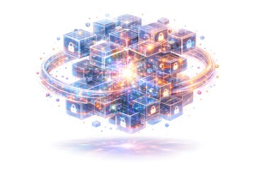 Decentralized blockchain network with secure data blocks and glowing ring