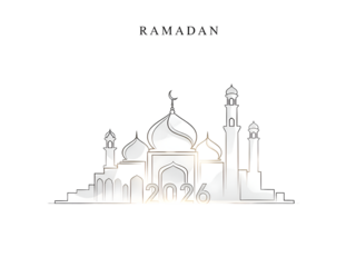 Ramadan 2026 Mosque Silhouette with Crescent Moon & Gold Isolated on Transparent Background