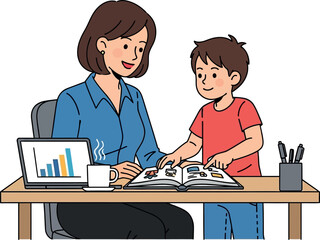 Obraz premium Woman and child working together at desk with laptop and book