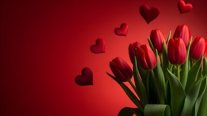 Valentine's day gift idea red tulips bouquet on a romantic red background with heart decorations