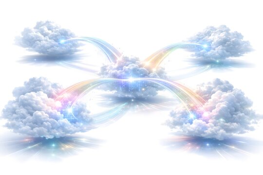 Magical rainbow bridges connecting fluffy clouds in a dreamlike sky - Powered by Adobe