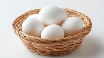 White eggs in a wicker basket isolated on white background