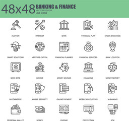 Finance and Banking Outline Icon Pack, Payment, Savings and Financial Services Vector Symbols