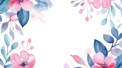 Watercolor floral frame with pink flowers and blue leaves on transparent background