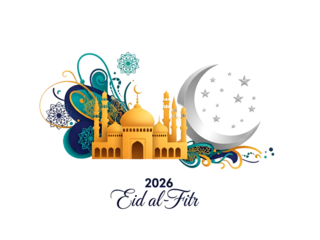 Eid al-Fitr 2026 Celebration with Mosque & Crescent Moon Isolated on Transparent Background 