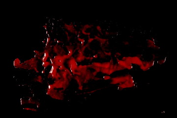 Ketchup, tomato sauce, set droplets isolated on black background, top view, concept of horror