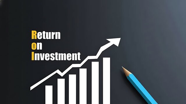 Rising bar graph with upward arrow and 'Return on Investment' text, next to a bright blue pencil on a dark background, symbolizing financial growth and strategy.