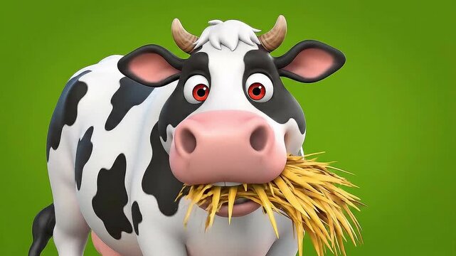 A comical 3D animation of a black and white cow with
