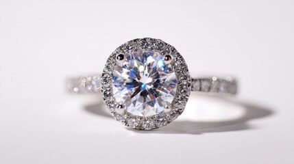 Elegant round brilliant cut diamond engagement ring with a halo setting and pav&eacute; band, isolated on white background