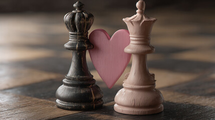 Chess King and Queen with Heart Symbol &ndash; Love and Partnership Concept