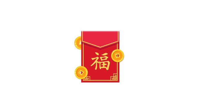 4K animation of Red Envelope With Gold Coins and Chinese Fu Character Symbolizing Fortune, Prosperity, and Luck. Ideal for Chinese New Year, ect.