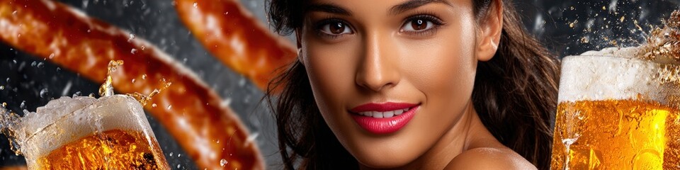 Naklejka premium Beautiful Woman with Refreshing Beer and Grilled Sausages