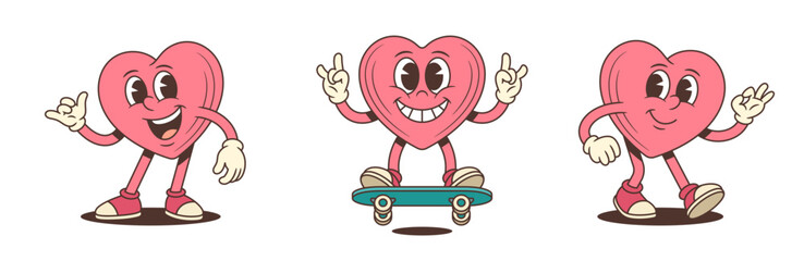 Set of retro groovy heart character mascots. Cartoon character on a skateboard with rock, shaka, and ok gestures. Vector illustration for a valentine, love, or extreme sport social media theme © provectors