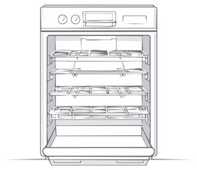 Open appliance with multiple wire shelves and control knobs