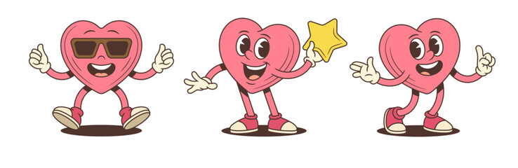 Set of retro groovy heart character mascots. Cartoon character in sunglasses, with a star, and pointing. Vector illustration for a valentine, love, or positive social media theme