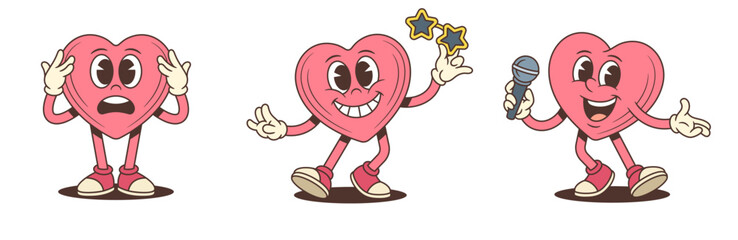 Set of emotional retro cartoon heart character mascots. Pink love symbol is singing, shocked, holding star glasses. Playful comic personage for sticker design. Groovy vector illustration © provectors