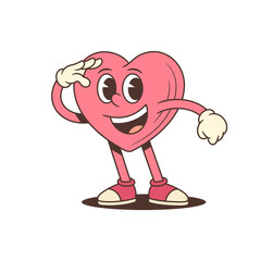 Retro cartoon heart character mascot saluting with a happy smile. A friendly and cheerful vector illustration looking for love. Funny vintage comic style art for Valentine's Day greetings
