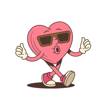 Retro cartoon heart character mascot with sunglasses showing thumbs up gesture. A cool and confident walking pose. Funny vintage comic style vector illustration for positive vibes and Valentine's Day
