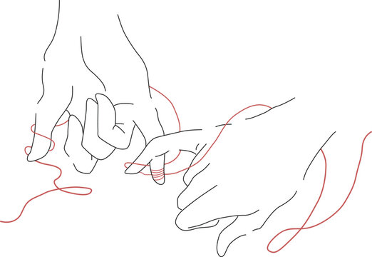 Red thread of fate tied little fingers of two. Holding hands one line drawing on white isolated background. Valentine's day vector illustration.