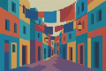 Colorful halftone street scene with color-blocked buildings, hanging fabrics and lanterns