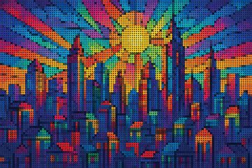 Stained glass style halftone city illustration with vivid light reflections on urban buildings