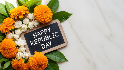 Happy Republic Day Greeting with Marigold Flowers and Chalkboard on White Marble