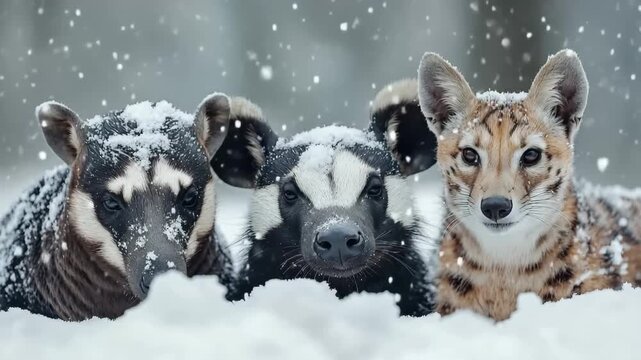 Animals tapir, honey badger, wild dog, serval cat, snow, Three animals play in the snow