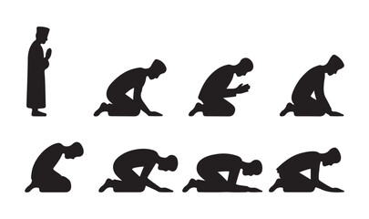 Fototapeta premium Muslim Prayer Silhouettes Collection set, Islamic Namaz Postures icon, vector illustration eps 10