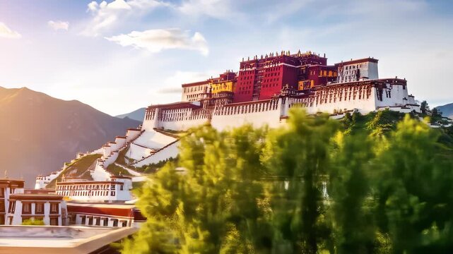 The historic Potala Palace in Lhasa, Tibet, majestically situated on Marpo Ri hill, illuminated by the warm light of sunrise or sunset against a backdrop of mountains and a blue sky.