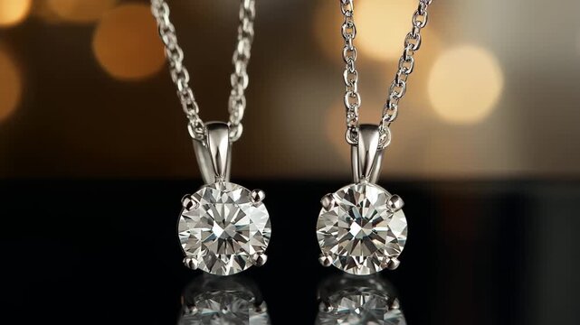 Diamond solitaire pendant necklaces, Two elegant diamond pendants hanging from a delicate chain