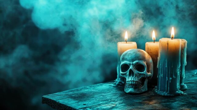 Skull and candles on wooden table, eerie smoke background