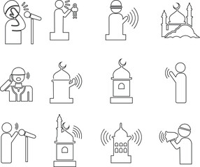 Set of adhan call to prayer icons, collection of islamic mosque and muezzin symbols, group of line vector illustrations, add azan, minaret, prayer time, muslim worship, black icon