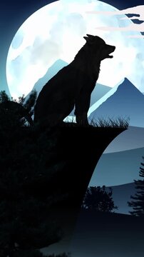 Vertical Wolf Howl Full Moon Vector Silhouette 4K Loop features a vector landscape with a wolf on a cliff howling at a full moon in a vertical ratio loop.