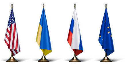Flags representing Europe, Ukraine, Russia, and the US on transparent background. 3D Render