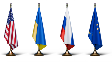 Flags representing Europe, Ukraine, Russia, and the US on transparent background. 3D Render