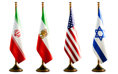 New and old flags of Iran alongside the flags of Israel and the US on transparent background. 3D Render