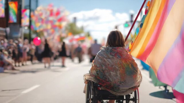 Person in wheelchair waves a transgender pride flag at a vibrant outdoor parade