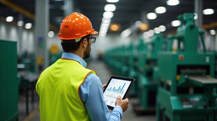 Factory manager using tablet to check production data and charts on the factory floor
